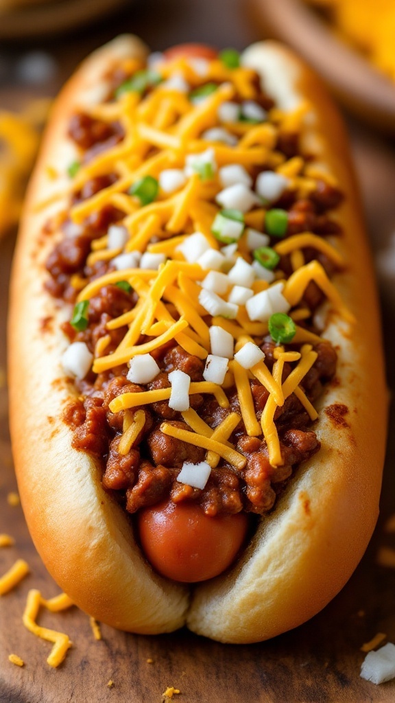 A close-up of a classic beef chili dog topped with cheese and onions.