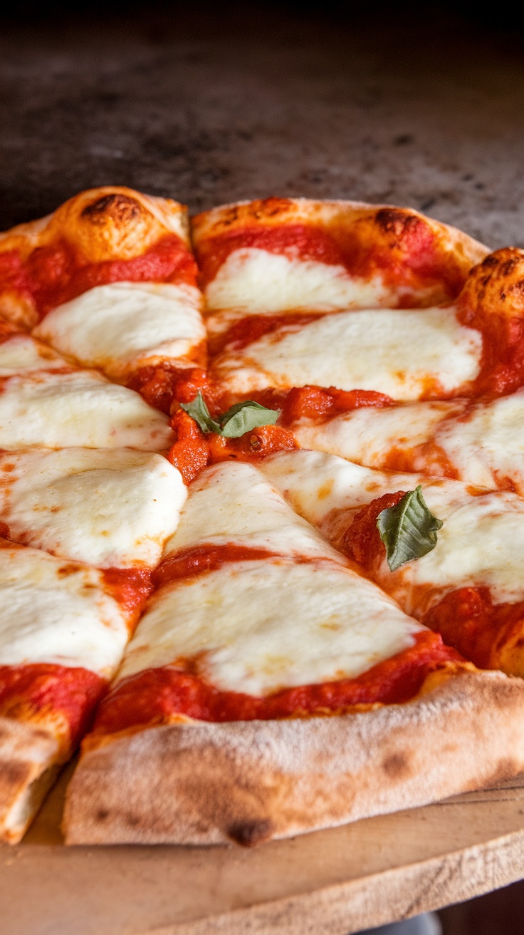 A close-up of a classic cheese pizza with melted mozzarella and a rich tomato sauce.