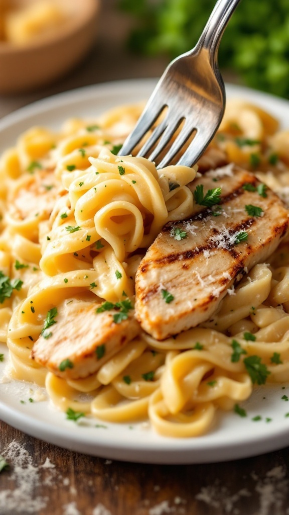 A plate of Chicken Alfredo with fettuccine and grilled chicken slices.