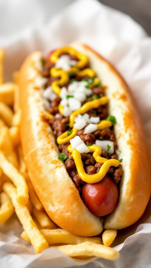 A delicious Classic Chili Coney Dog topped with mustard and onions, served with fries.