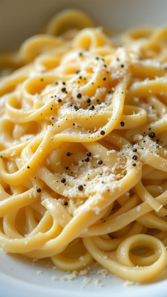 A close-up of a delicious plate of Fettuccine Alfredo topped with black pepper and Parmesan cheese.