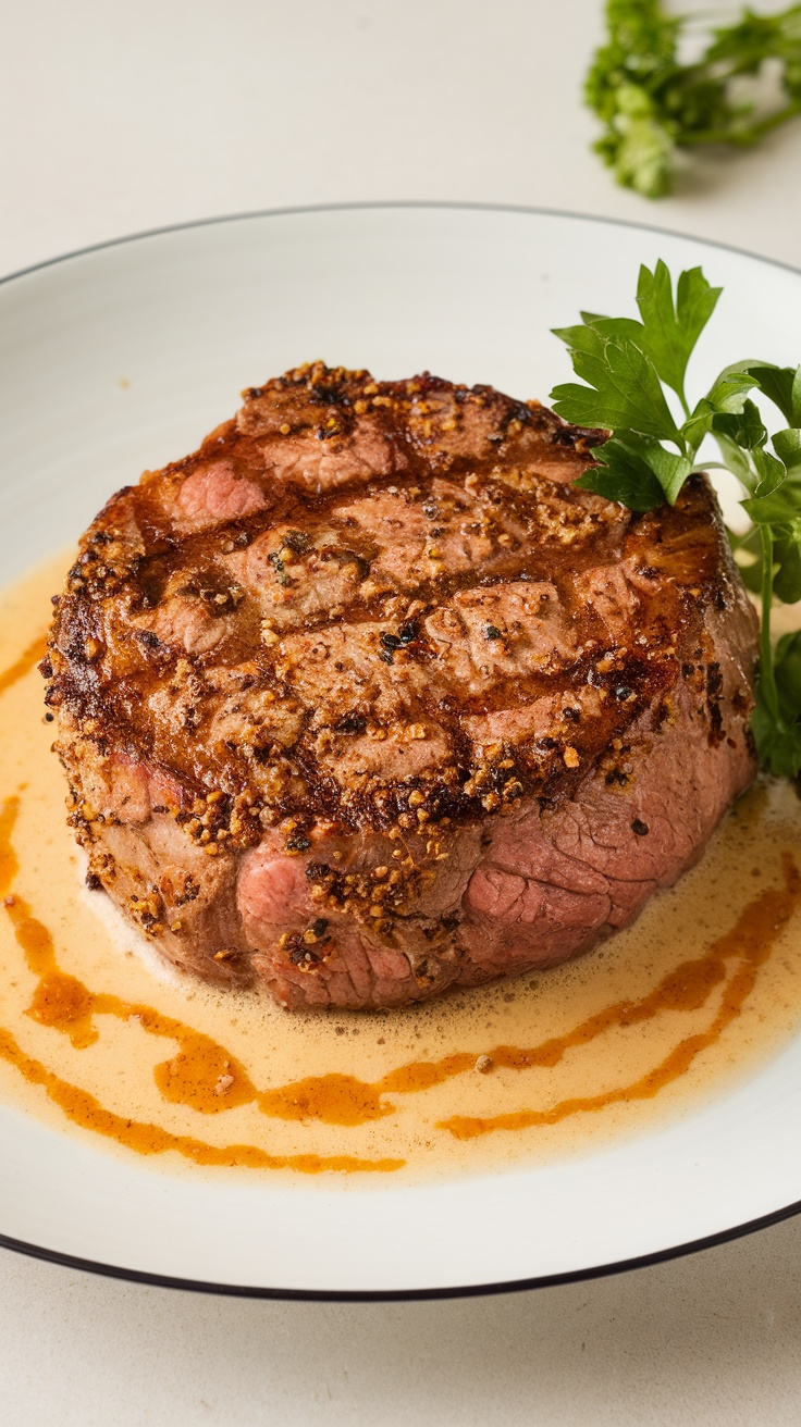 A beautifully cooked Steak Au Poivre with a peppercorn crust and creamy sauce.