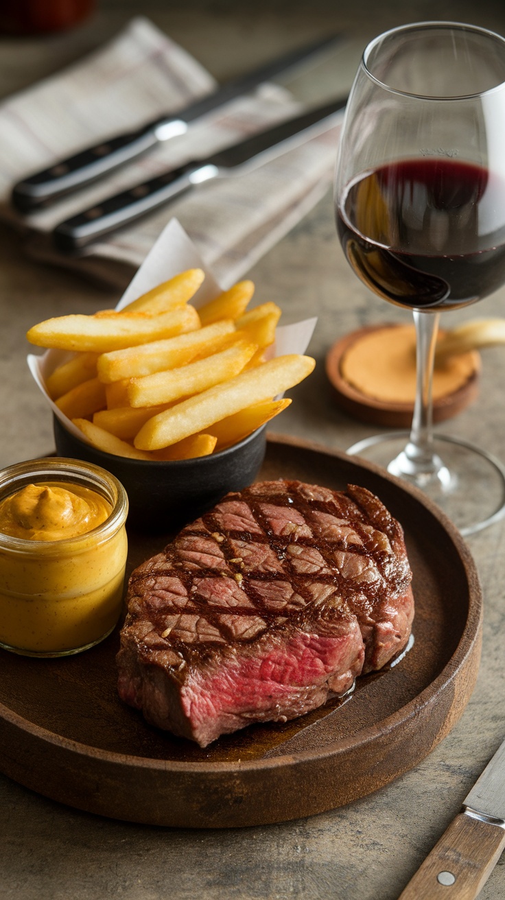 A plate of steak frites featuring grilled steak, crispy French fries, and a jar of mustard.