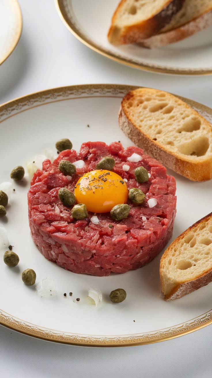 A plate of steak tartare garnished with capers and served with toasted bread.