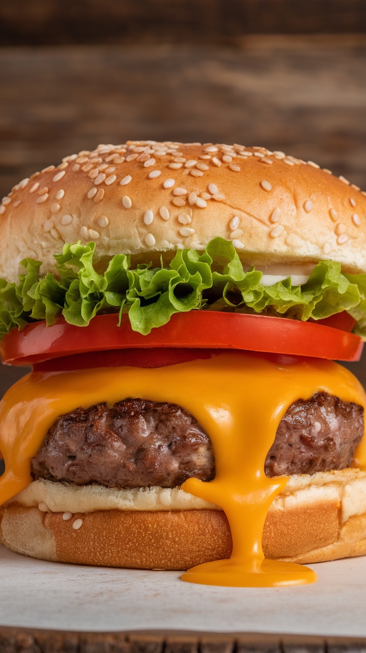 Juicy Lucy burger with melted cheese and fresh toppings