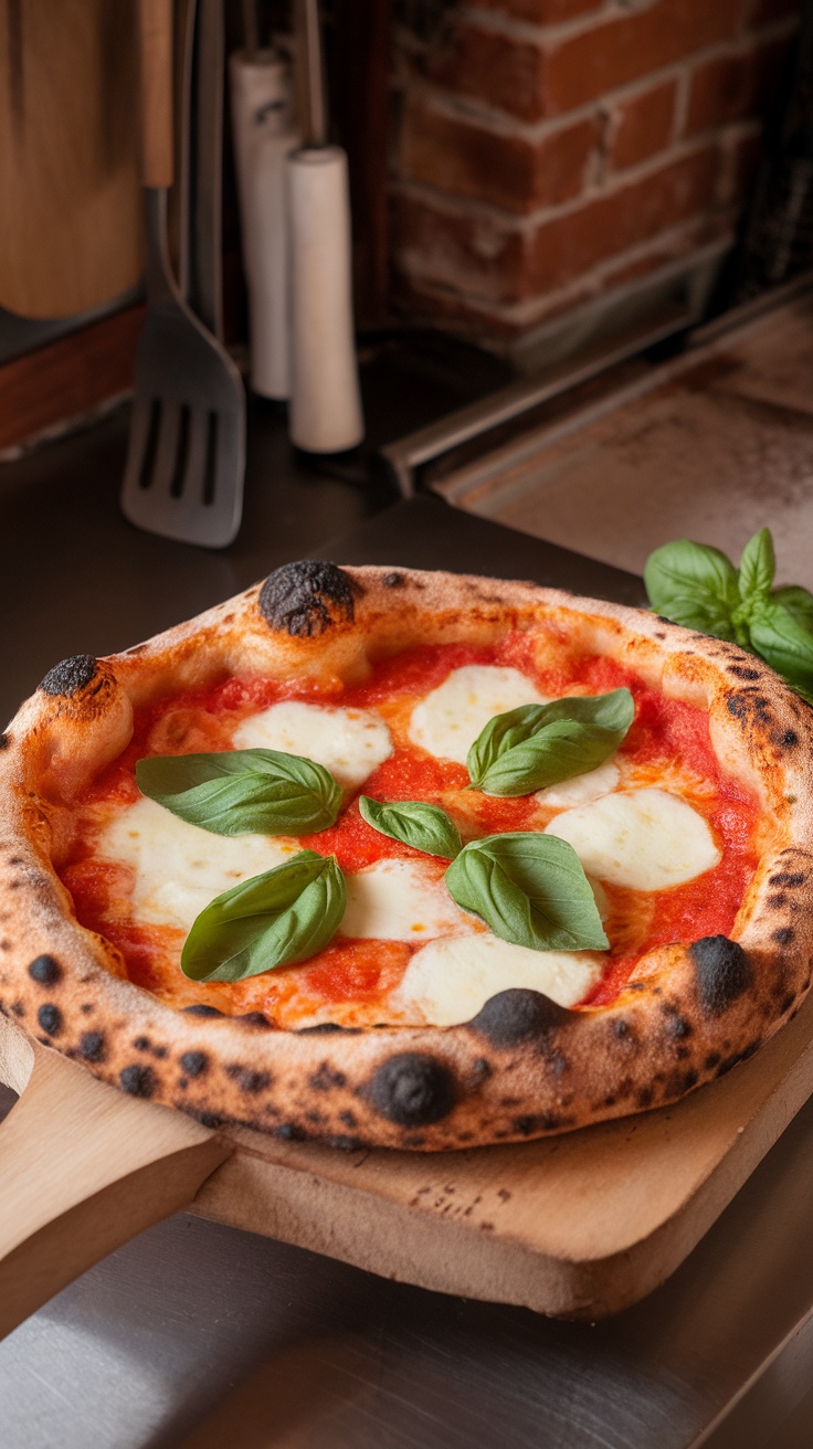 A freshly made Margherita pizza with mozzarella, basil, and tomato sauce