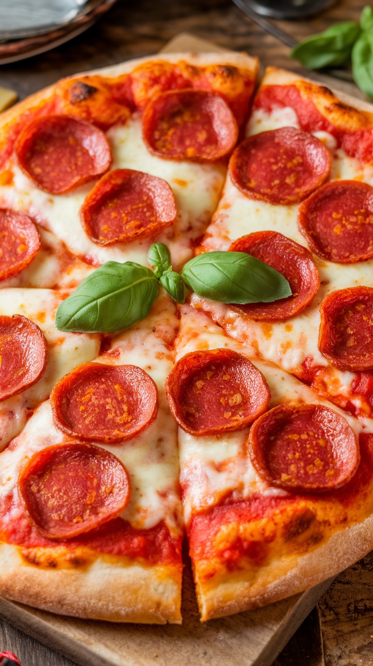 A delicious classic pepperoni pizza topped with fresh basil.