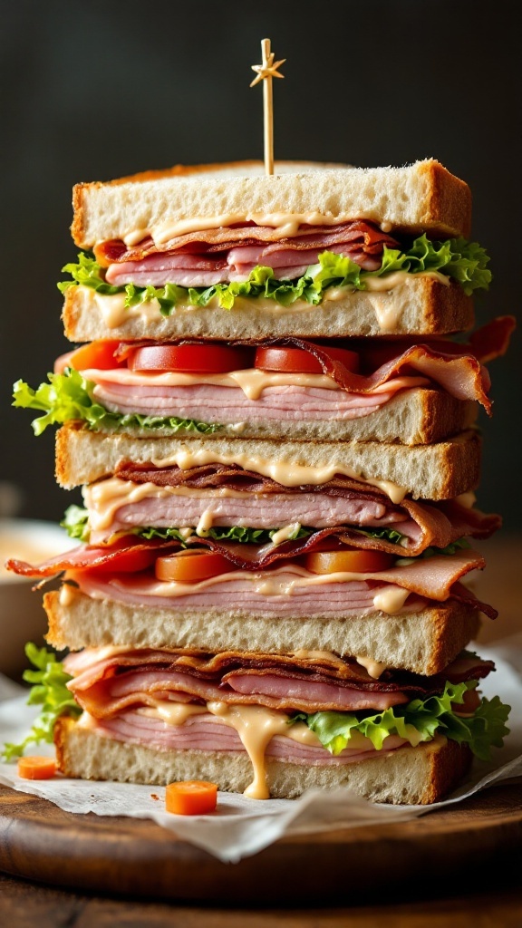 A tall club sandwich with layers of meat, lettuce, and tomato