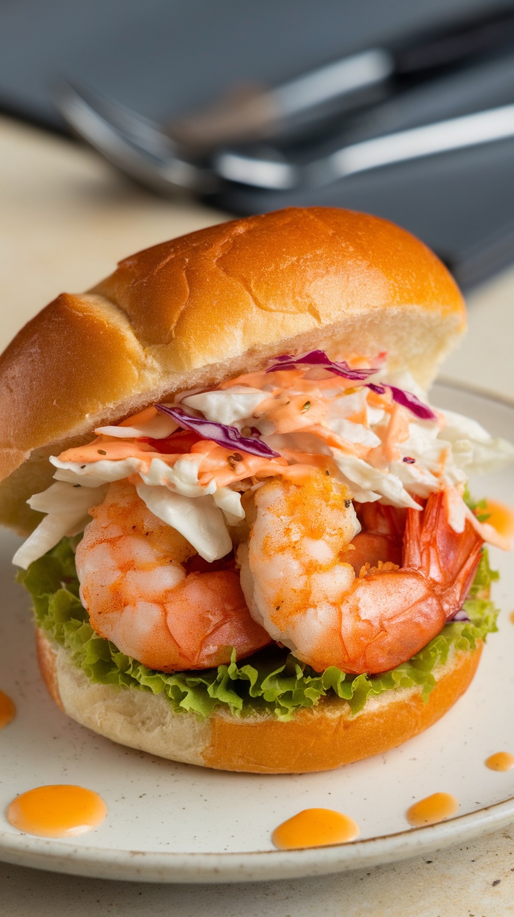 Coastal Shrimp Burger with shrimp, lettuce, and slaw in a bun