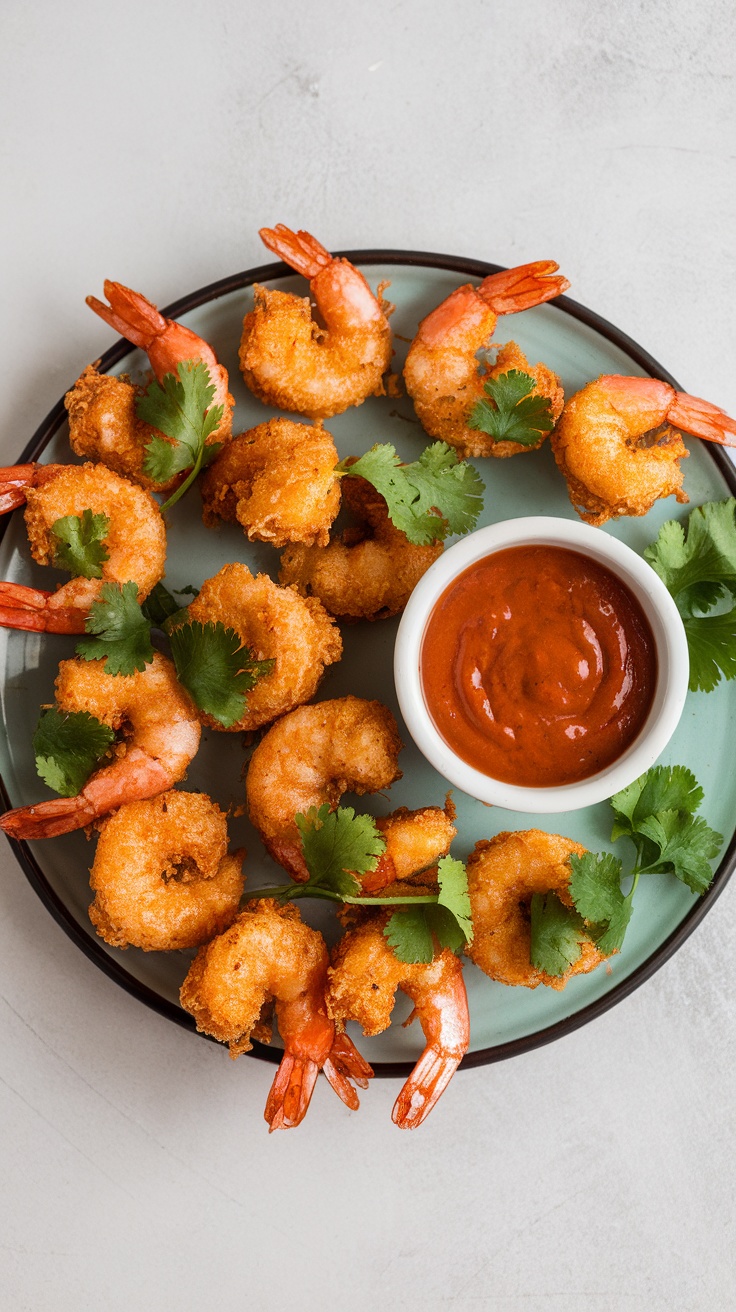 A plate of coconut-crusted air fryer shrimp with a bowl of dipping sauce.