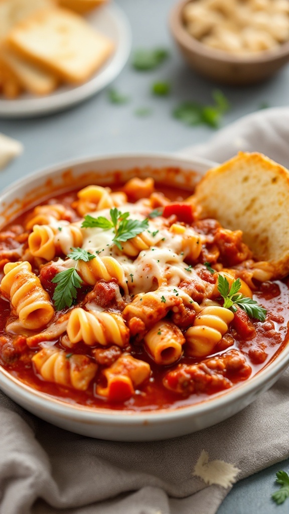 A bowl of lasagna soup with pasta, meat, and cheese, garnished with parsley, alongside a slice of bread.