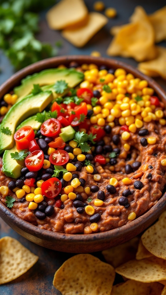 A bowl of Cowboy Caviar with black beans, corn, tomatoes, and avocado.