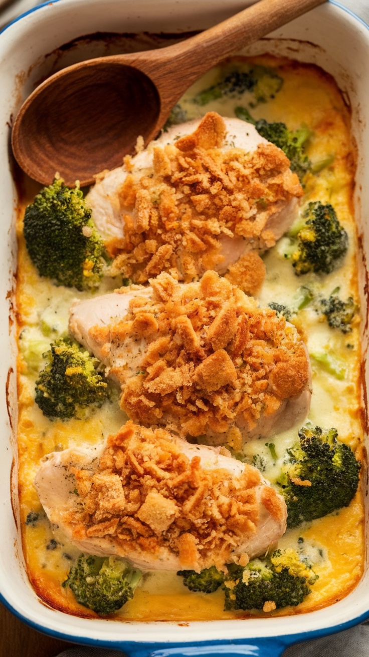 A creamy chicken divan casserole with broccoli and crunchy topping, served in a baking dish