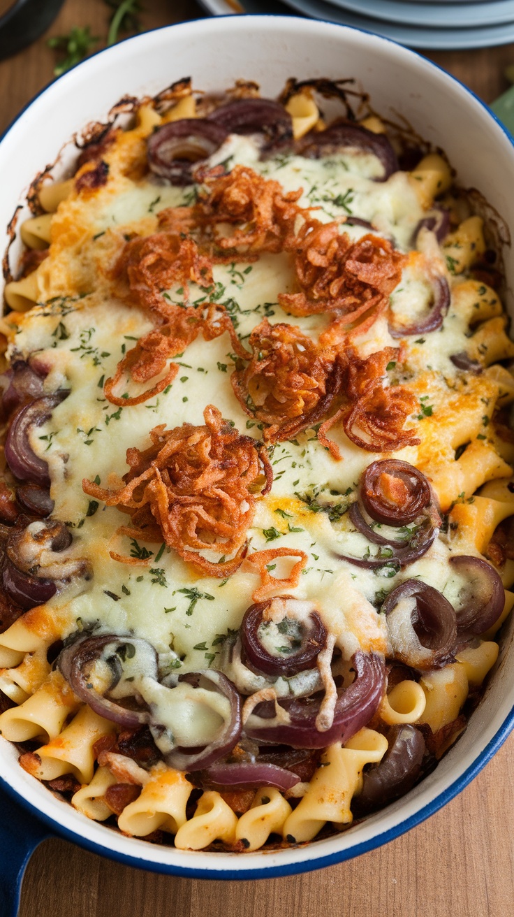 Creamy French Onion Pasta Bake topped with fried onions