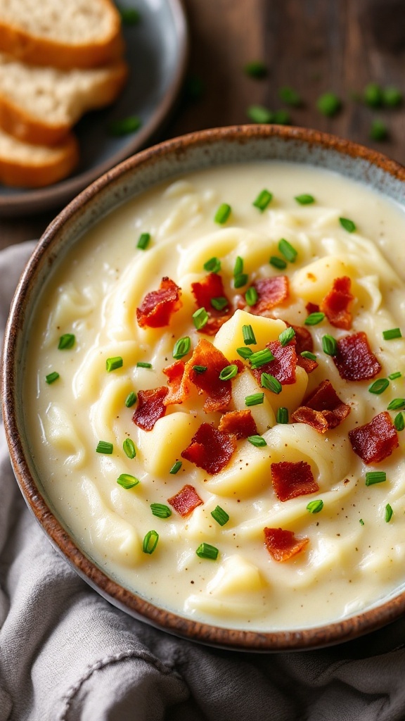 A bowl of creamy potato cabbage soup topped with bacon bits and chives.