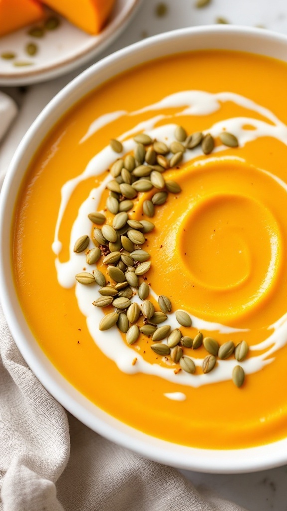 A bowl of creamy roasted butternut squash soup topped with pumpkin seeds.