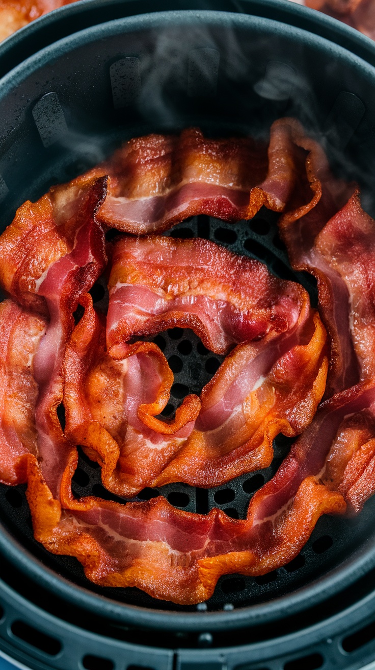 Crispy bacon slices arranged in an air fryer basket.