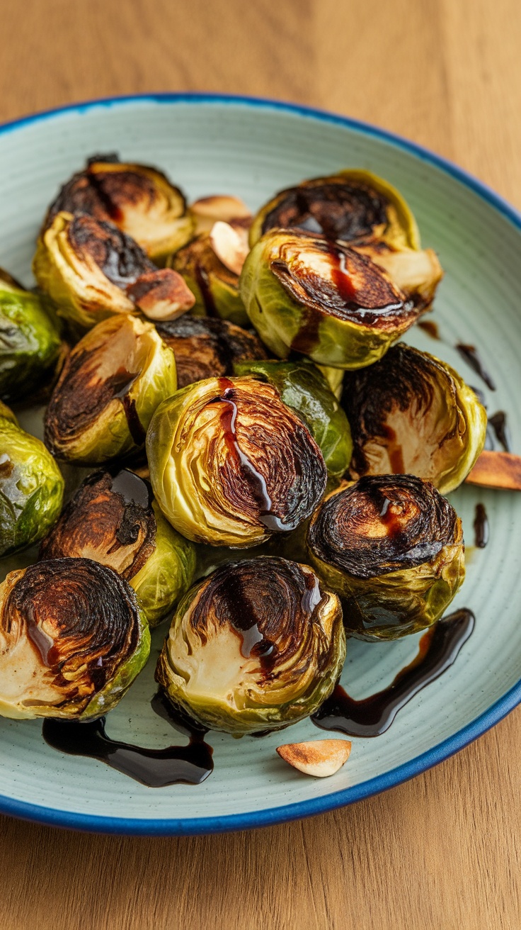 A plate of crispy air fryer Brussels sprouts drizzled with balsamic glaze.