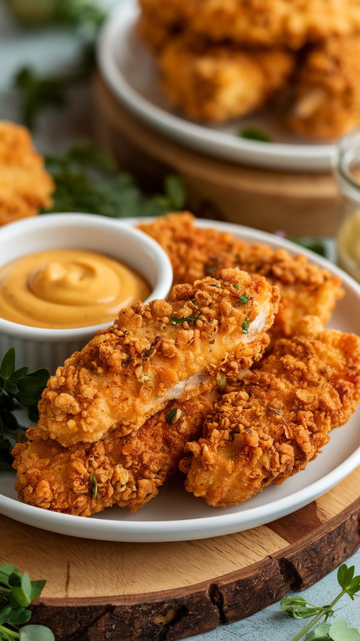 Plate of crispy air fryer chicken tenders with dipping sauce