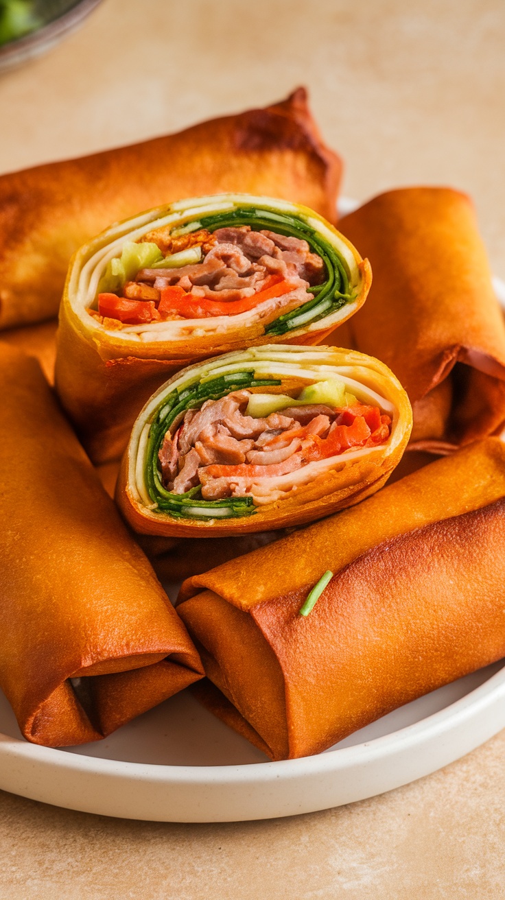 Plate of crispy air fryer egg rolls with a cut open egg roll showing inside filling.