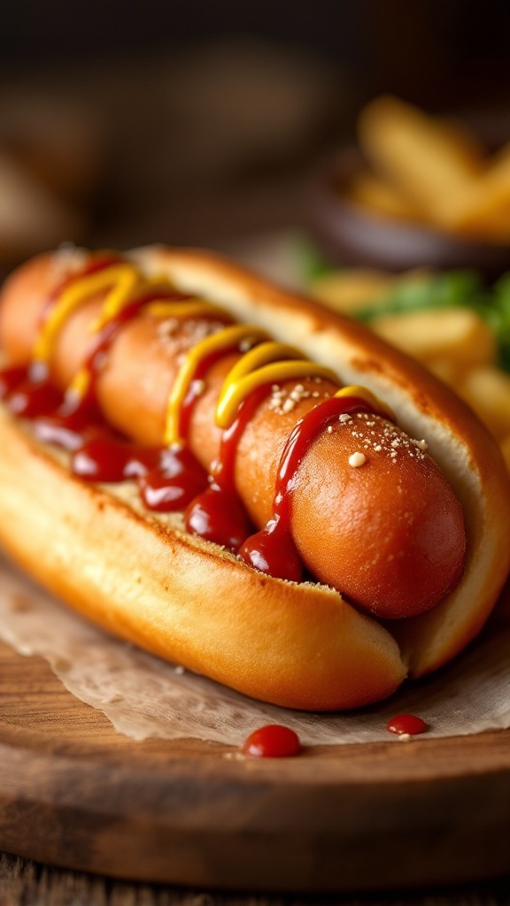 Delicious crispy air fryer hot dog topped with ketchup and mustard on a wooden platter.