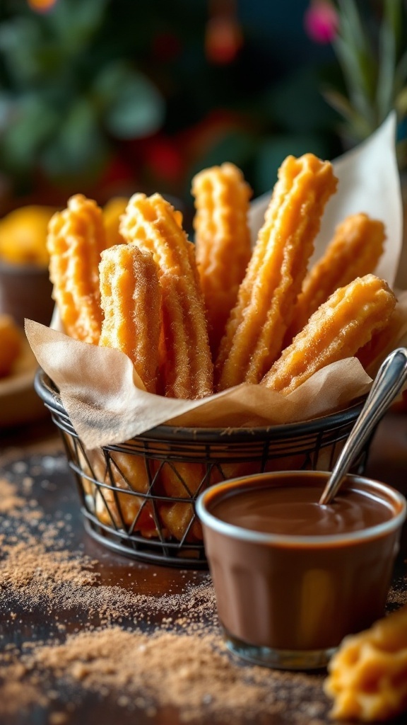 A basket of crispy Mexican churros with a small cup of chocolate dipping sauce.