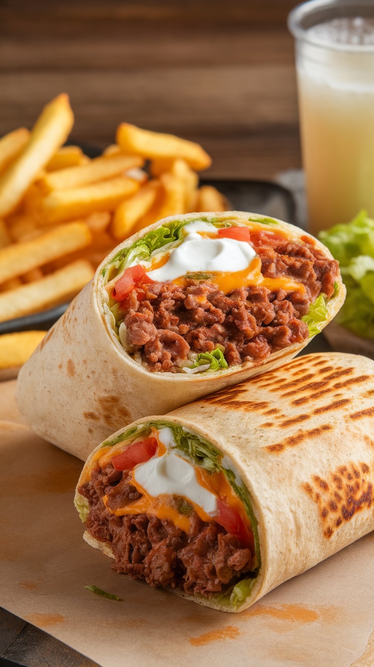 A close-up of a Crunchwrap Supreme filled with meat, lettuce, and toppings, alongside fries.