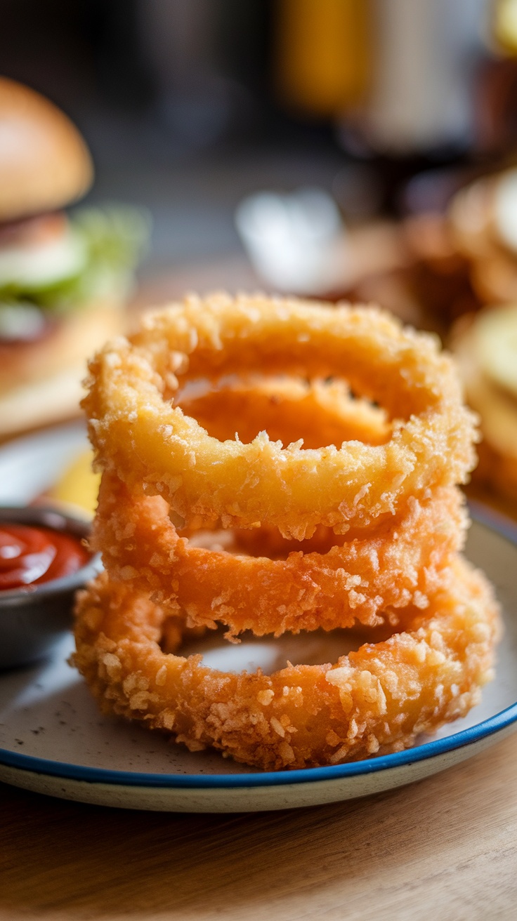 Plate of golden, crispy air fryer onion rings with dipping sauce