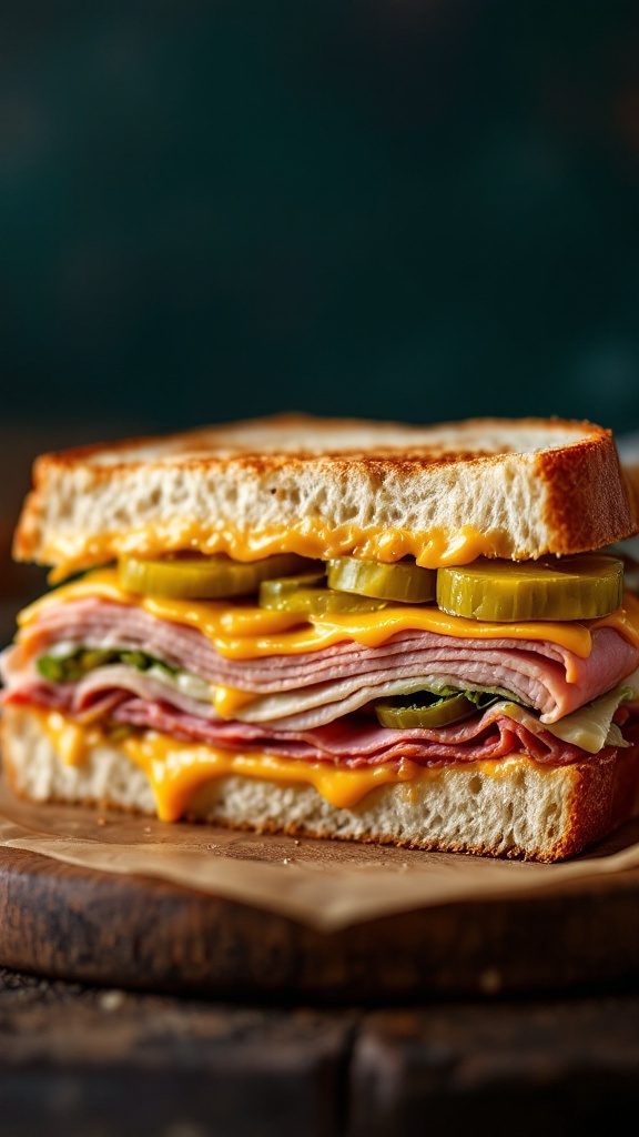 A close-up of a Cuban sandwich with layers of meats, cheese, and pickles.