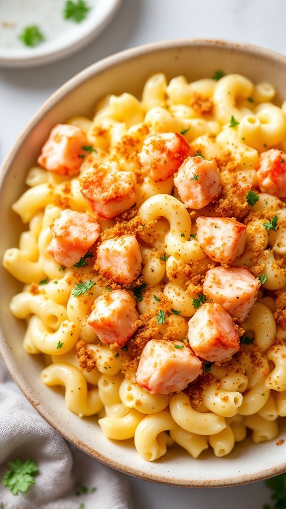 A bowl of creamy lobster mac and cheese topped with lobster chunks and breadcrumbs.