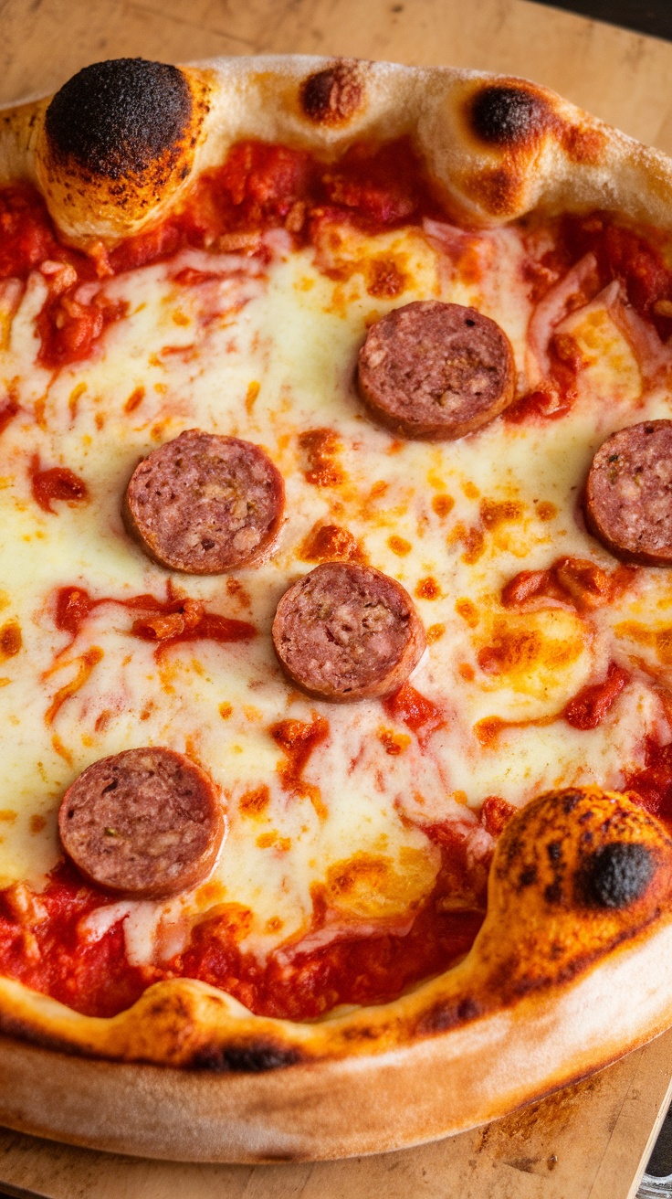 A close-up of a deep dish pizza topped with cheese and sausage.