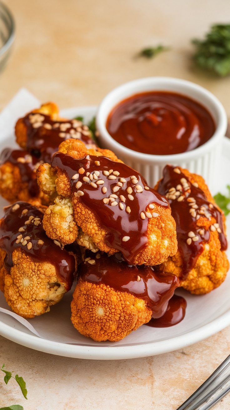 Crispy air fryer cauliflower wings topped with sauce and sesame seeds, served with a dipping sauce.