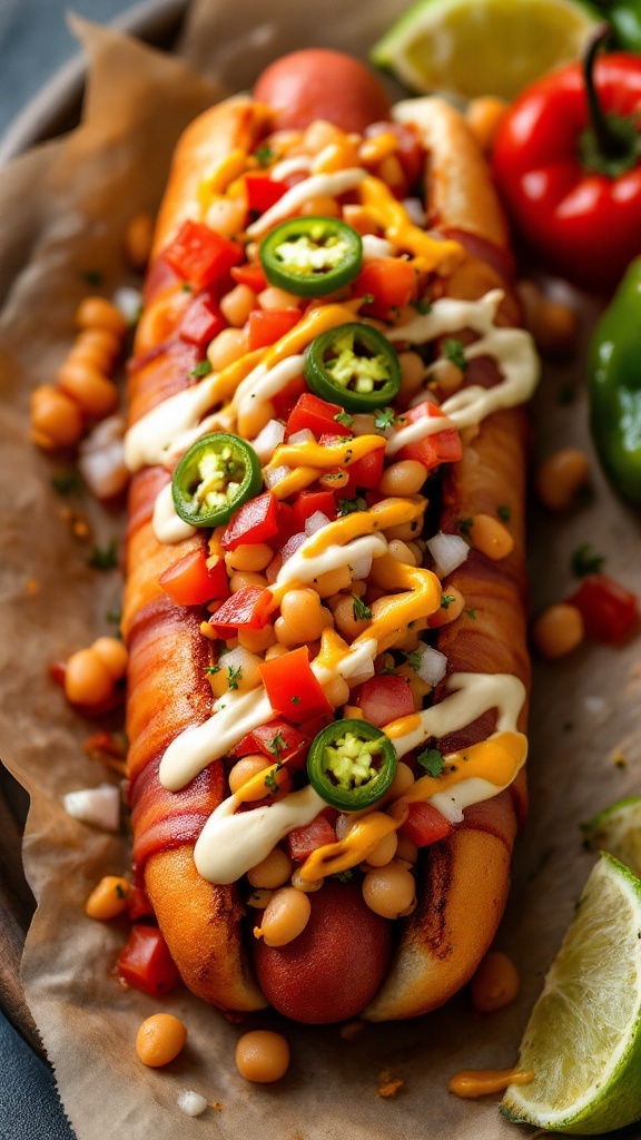 A delicious Sonoran hot dog topped with various ingredients.