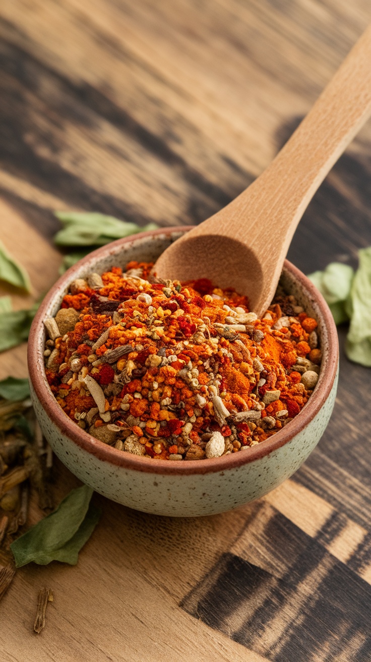 A bowl of colorful homemade taco seasoning with a wooden spoon