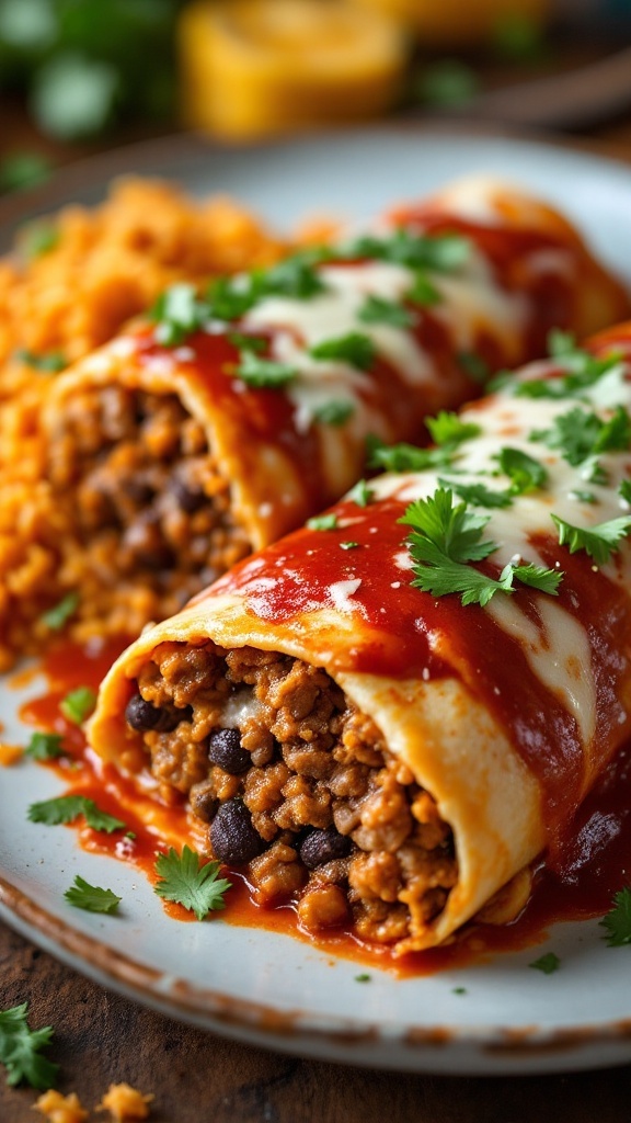 Two enchilada-style burritos topped with red sauce and cilantro, served with a side of rice.