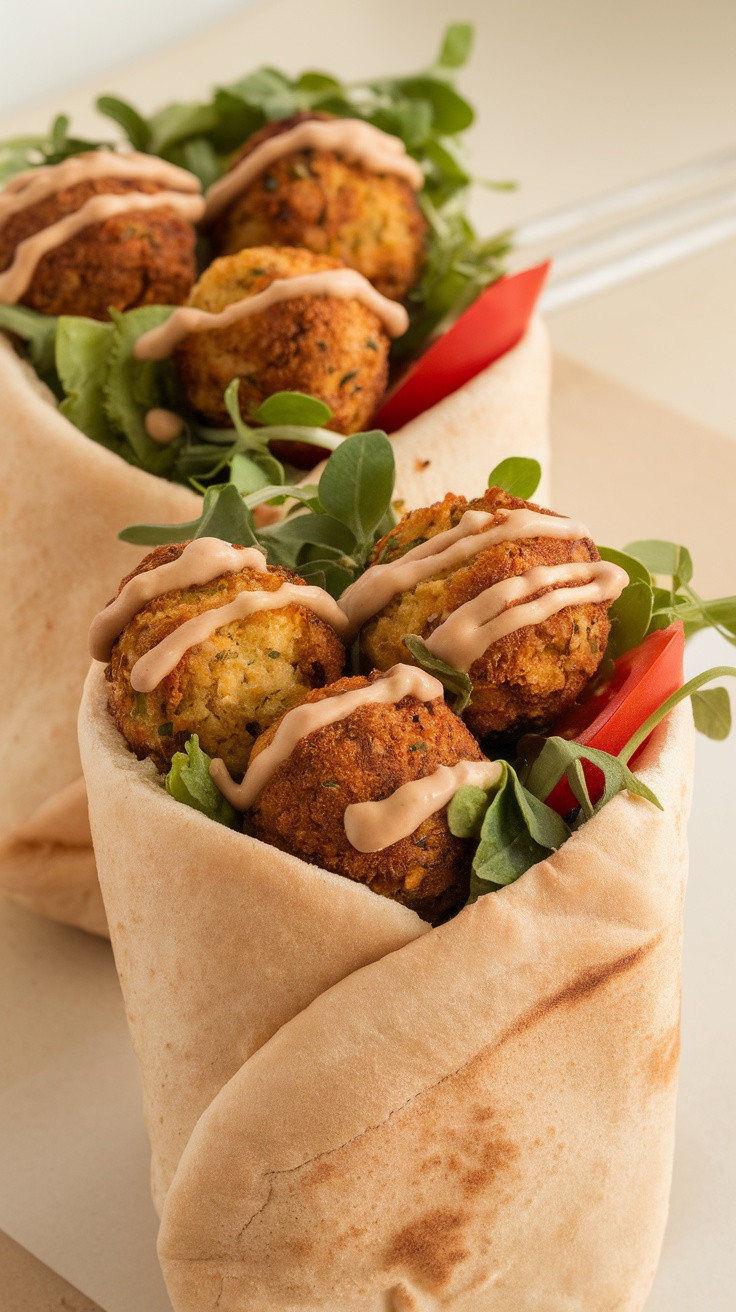 A close-up of falafel wraps filled with greens and drizzled sauce.