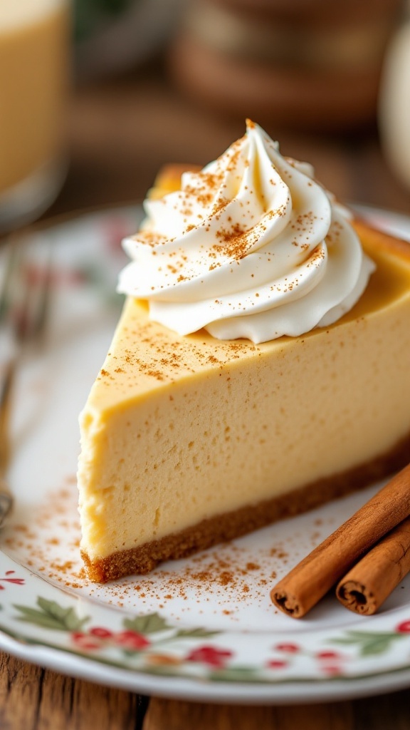 Slice of creamy eggnog cheesecake with whipped cream and cinnamon sticks