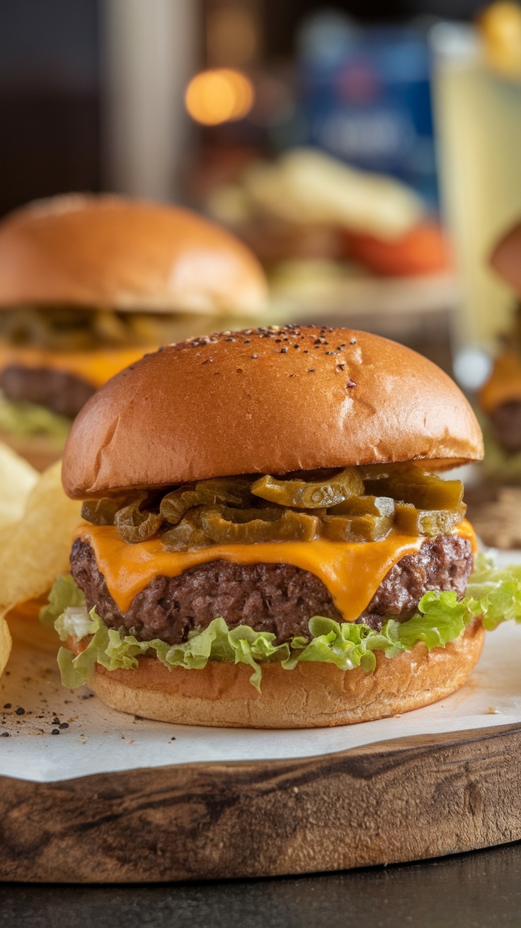 A close-up of a Fiery Green Chile Cheeseburger with melted cheese, green chiles, and lettuce on a wooden board.