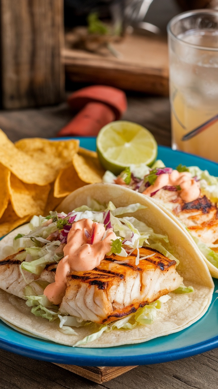 Delicious fish tacos served with lime and tortilla chips