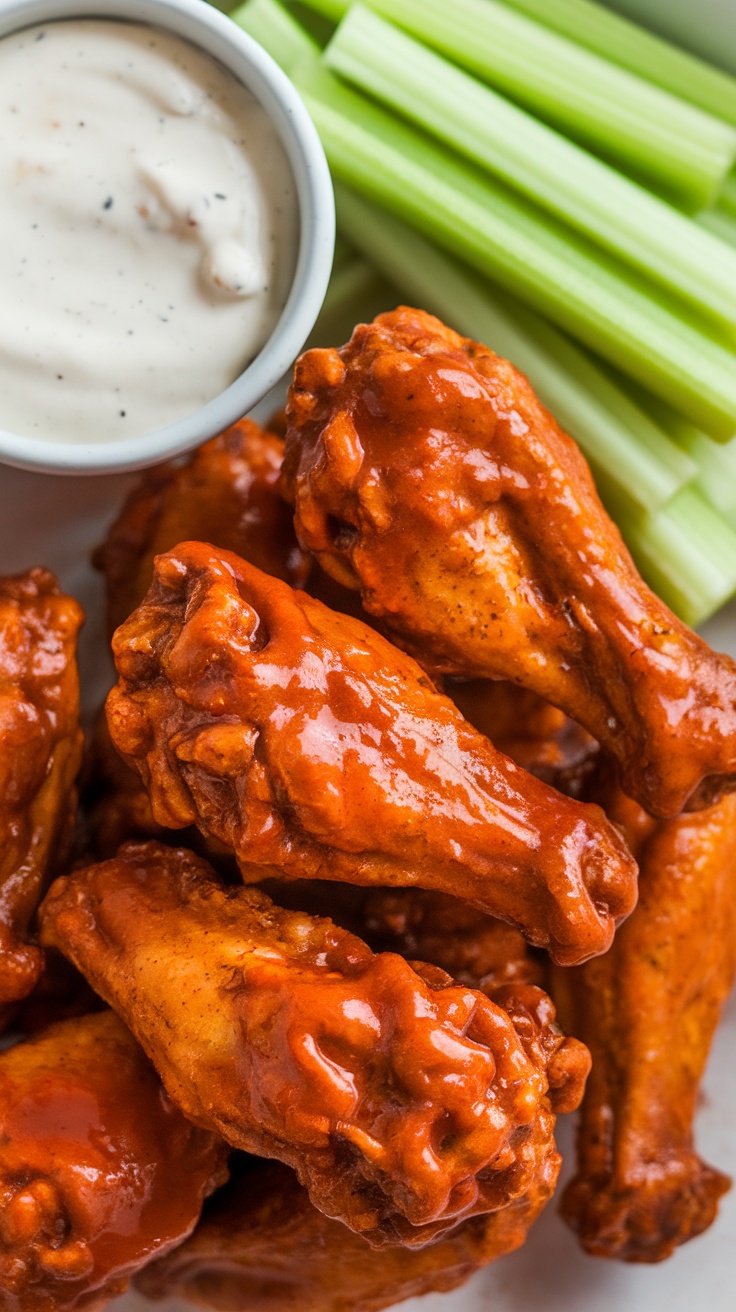 A close-up of crispy air fryer chicken wings with celery sticks and ranch dressing.