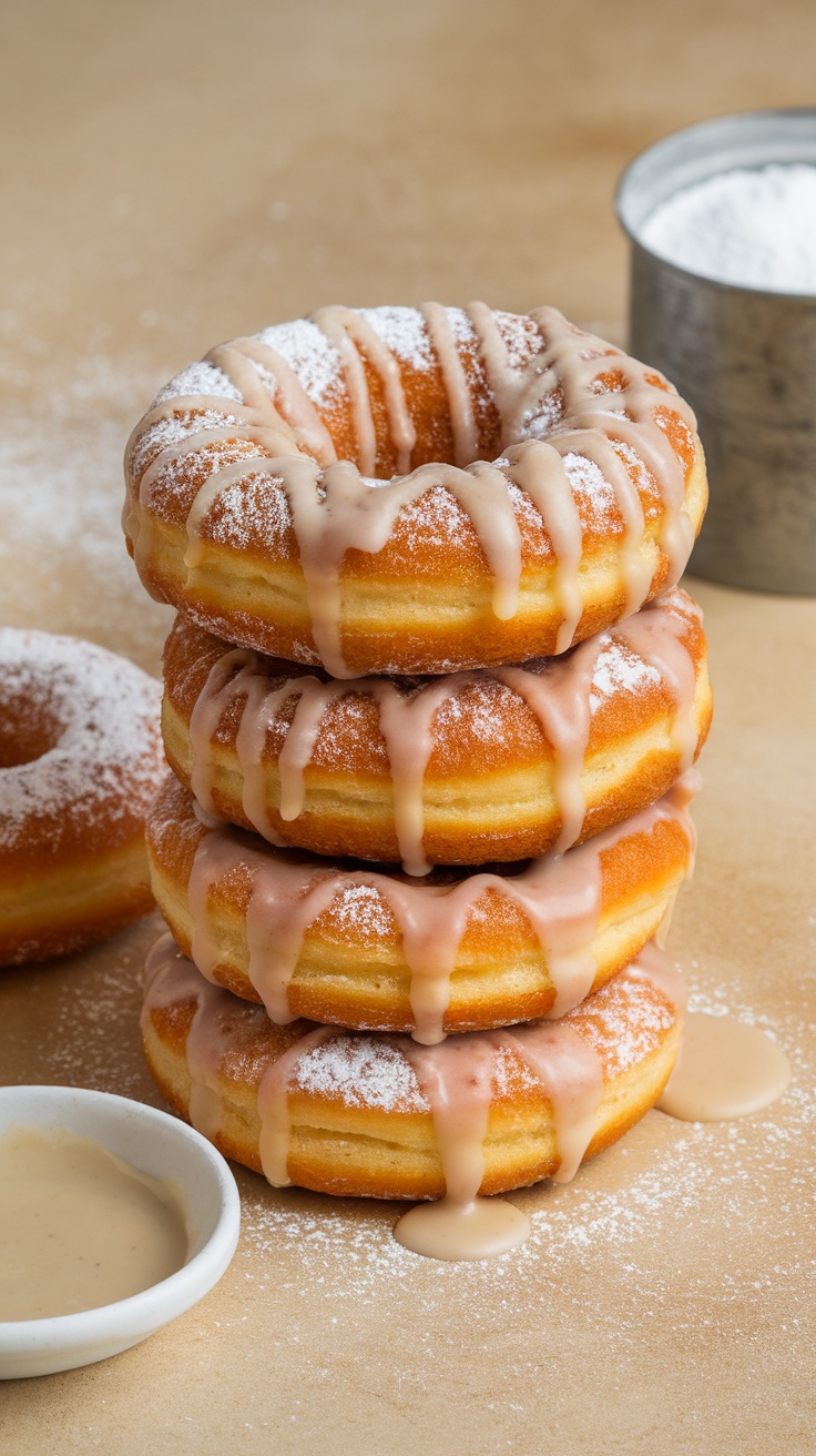 Stack of fluffy air fryer donuts with glaze and powdered sugar.