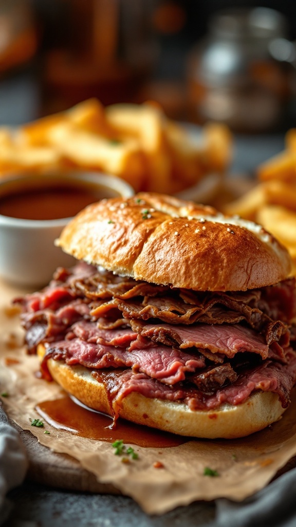 A delicious French Dip Sandwich with roast beef and dipping gravy