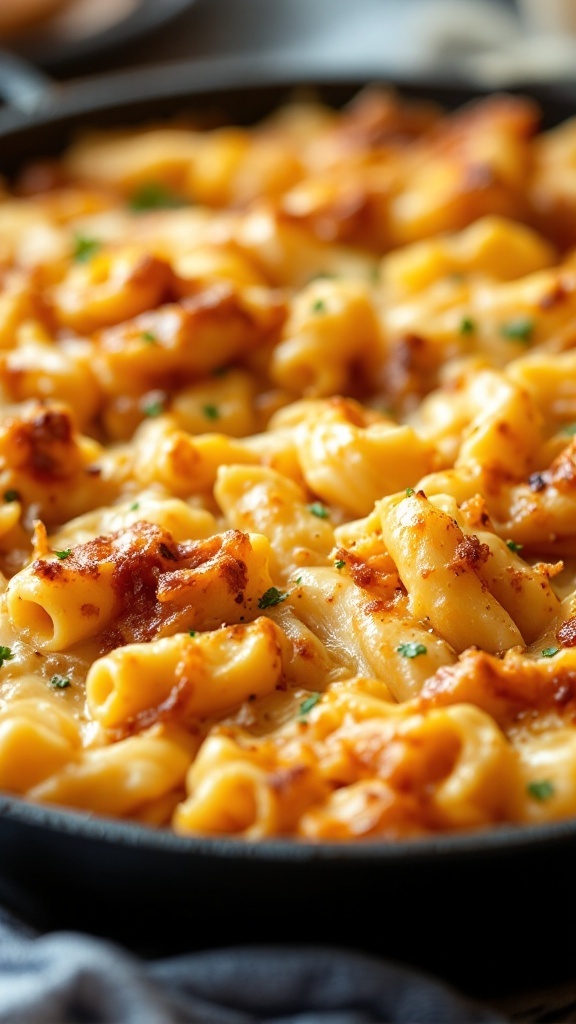 Creamy French onion pasta bake with melted cheese.