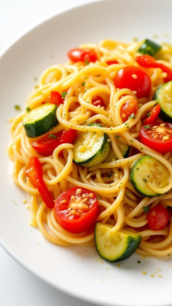 A plate of pasta primavera with zucchini and cherry tomatoes.