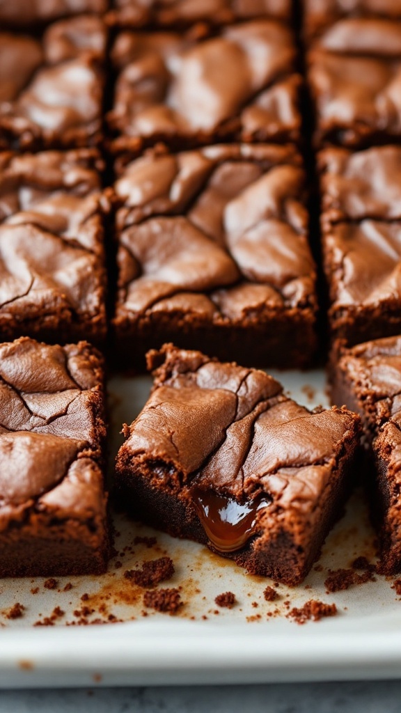 A close-up image of fudgy, chewy brownies with one piece missing, revealing a gooey center.