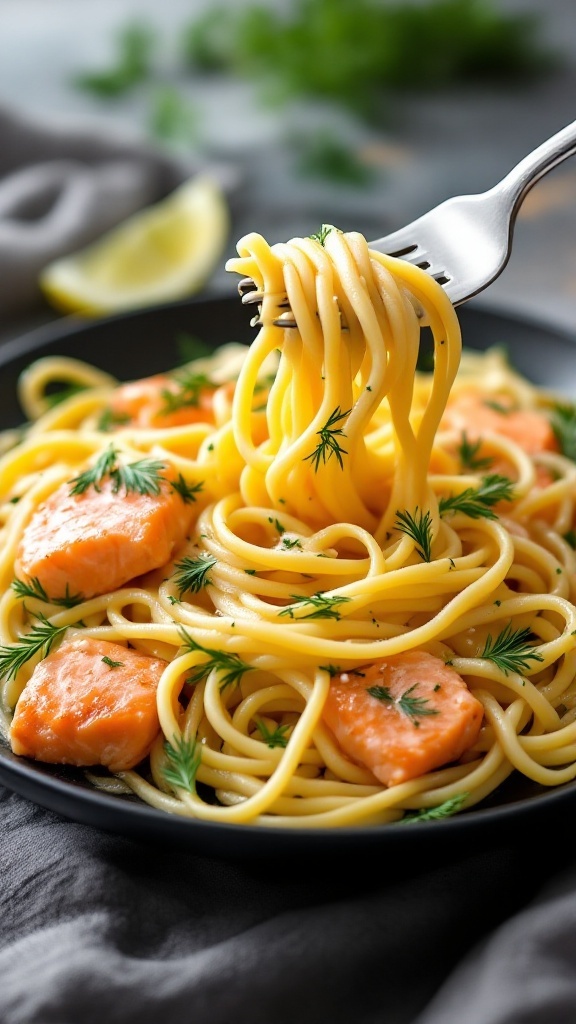 Plate of garlic butter salmon pasta with herbs and lemon.