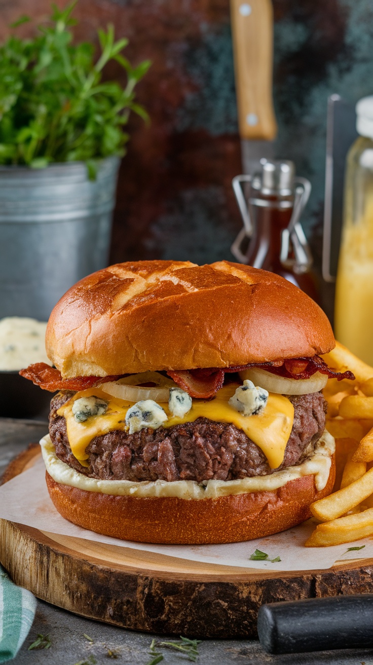 Gourmet blue cheese burger with bacon and fries on a wooden platter