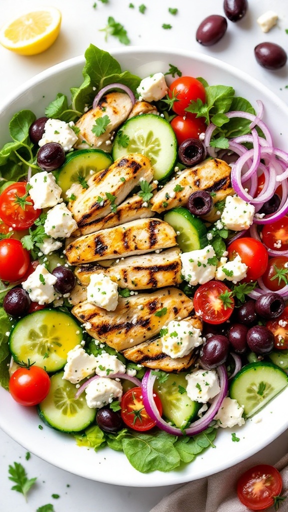 A colorful Greek chicken salad with grilled chicken, tomatoes, cucumbers, olives, onions, and feta cheese.