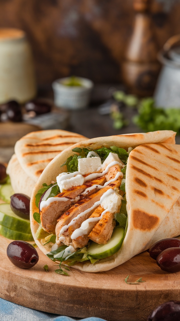 Greek Chicken Wrap with grilled chicken, lettuce, cucumber, and sauce