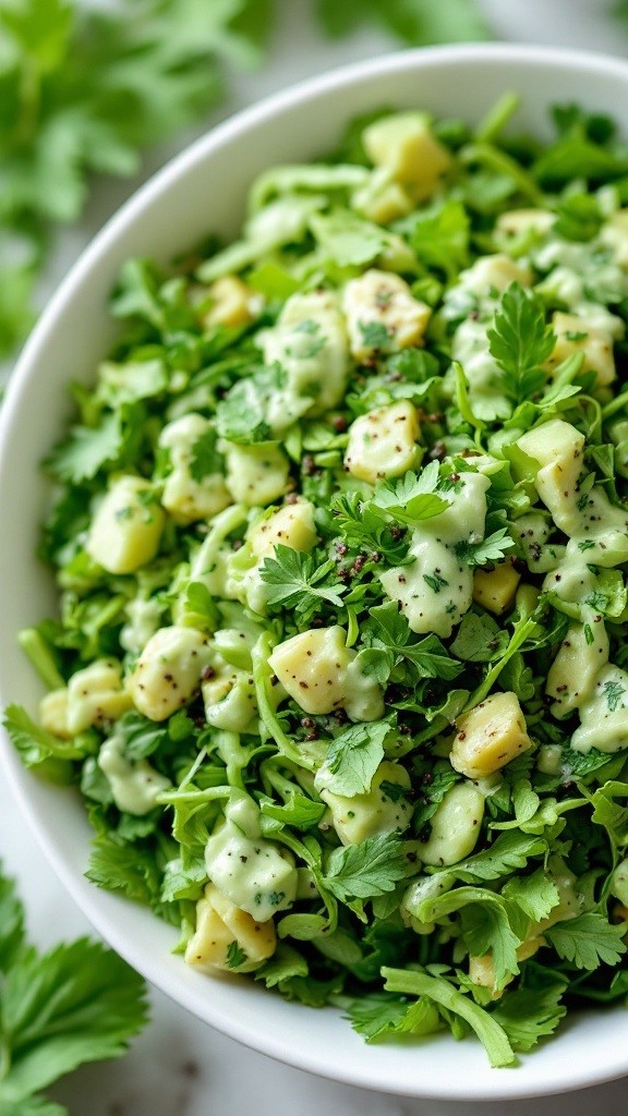 A bowl of Green Goddess Salad with leafy greens and a creamy dressing.